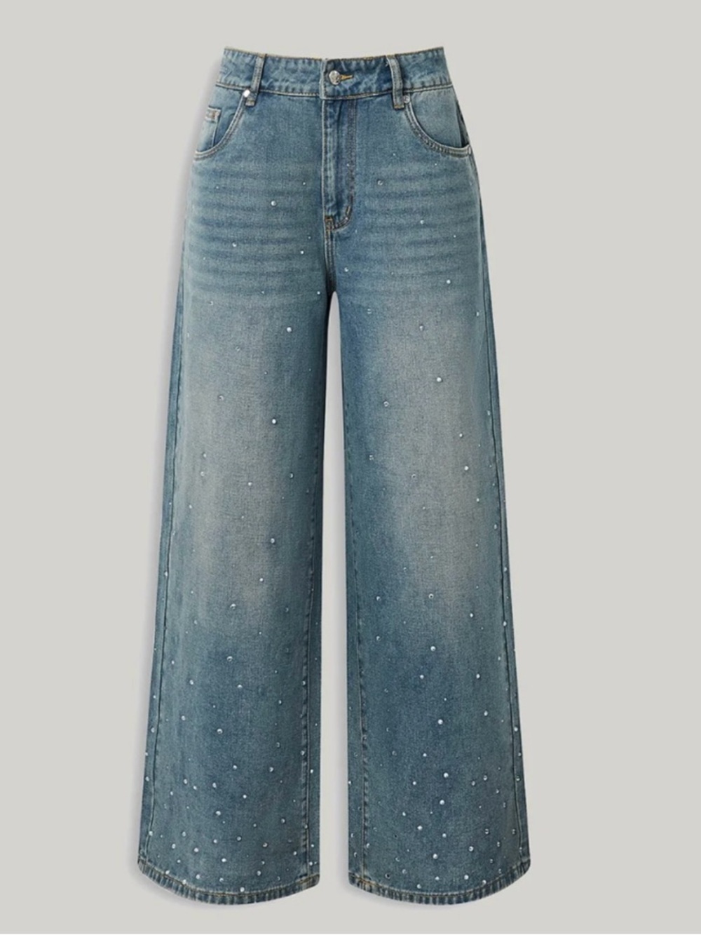 House of Sunny Blue Wide-Leg Pearl-Embellished Jeans